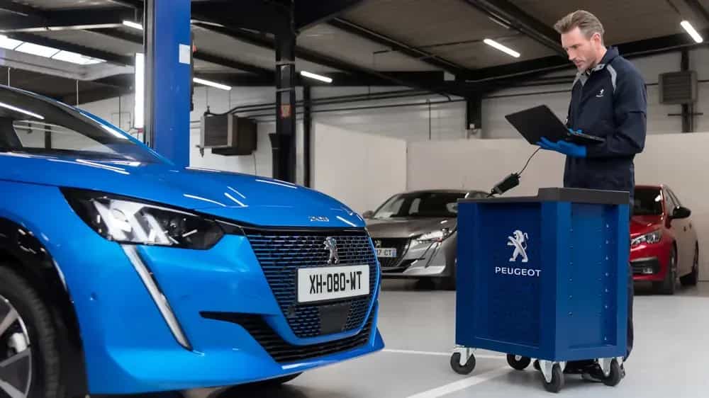 mécanicien Peugeot effectuant un diagnostic en atelier